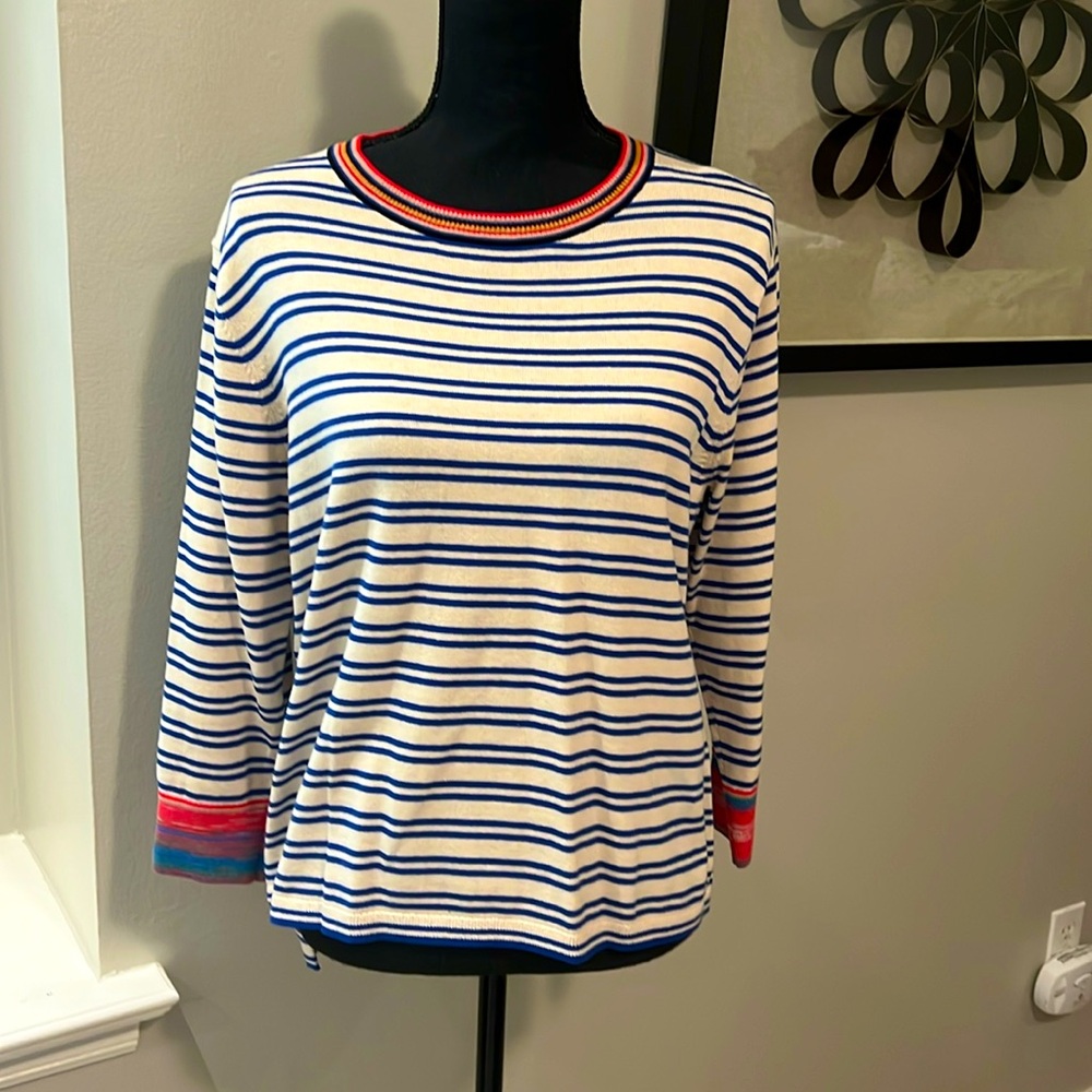 CAbi Cadet Sweater Blue/Cream/Multi Striped 3/4 sleeve cotton style #5830